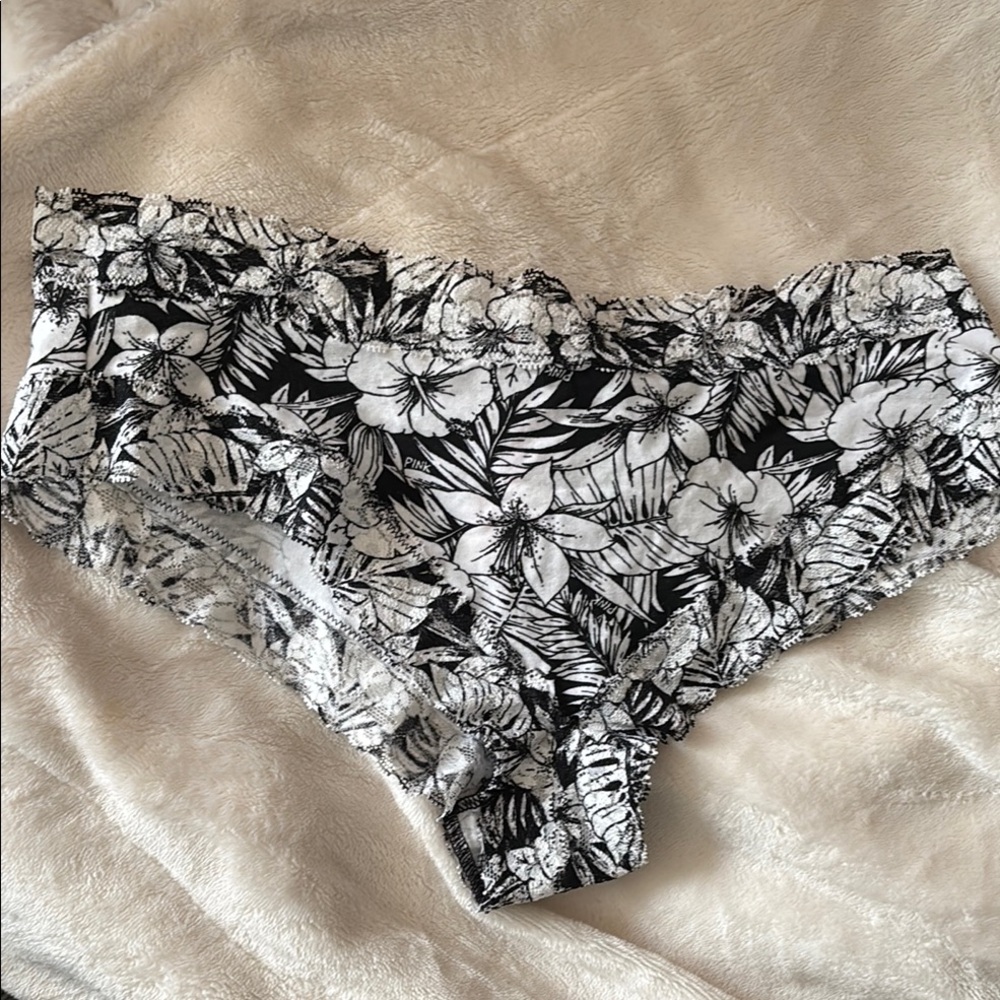 NWT PINK extra low rise black white floral lace trimmed panty size Large